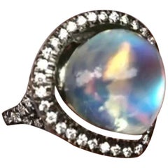 Statement Royal Blue Moonstone Ring with Diamond Accent