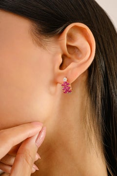 Statement Ruby and Diamond Clip-On Women Earrings in 14k Solid Yellow Gold