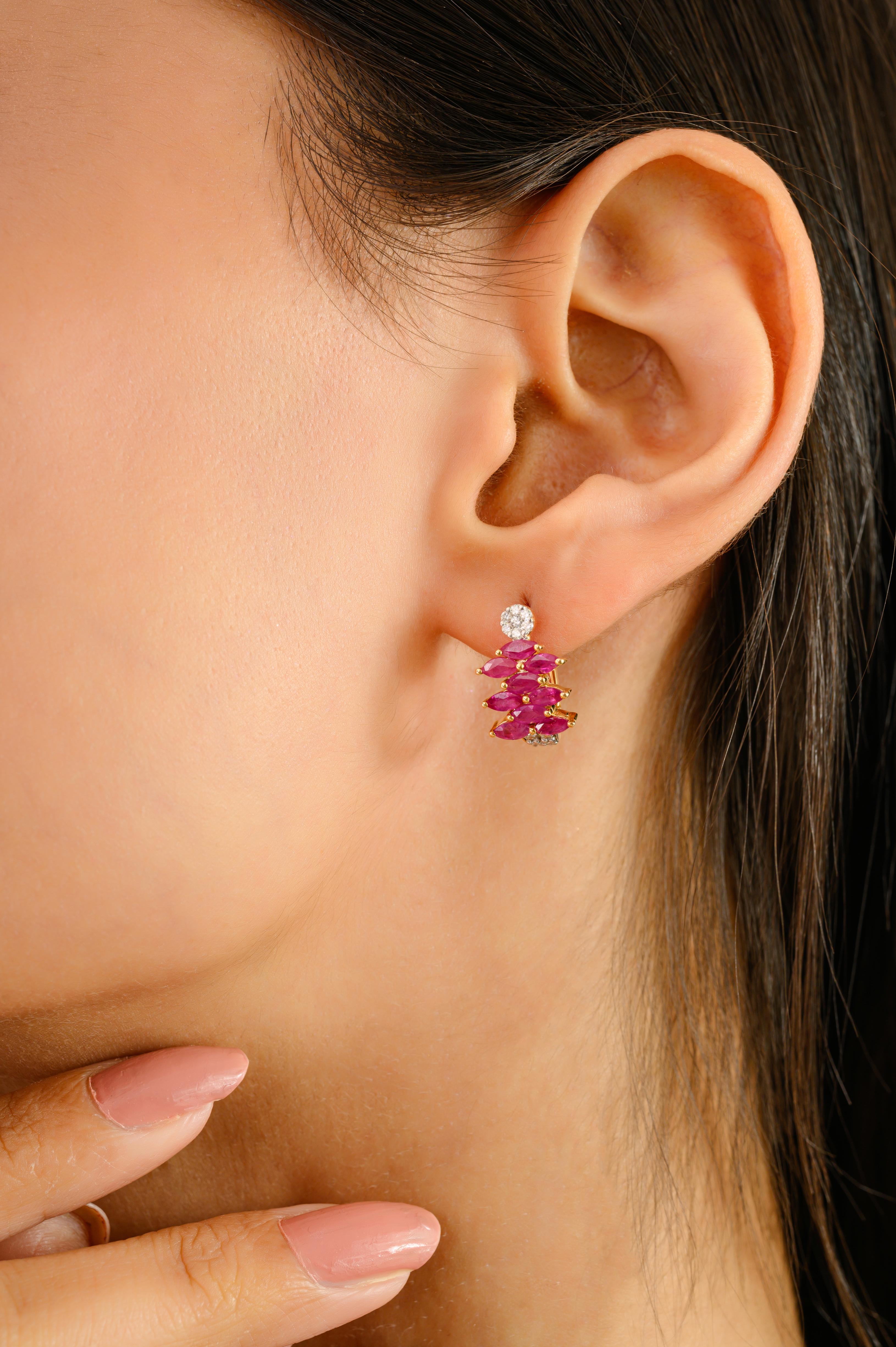 Pendientes con clip para mujer de oro amarillo macizo de 14 quilates con rubíes y diamantes Corte marquesa en venta