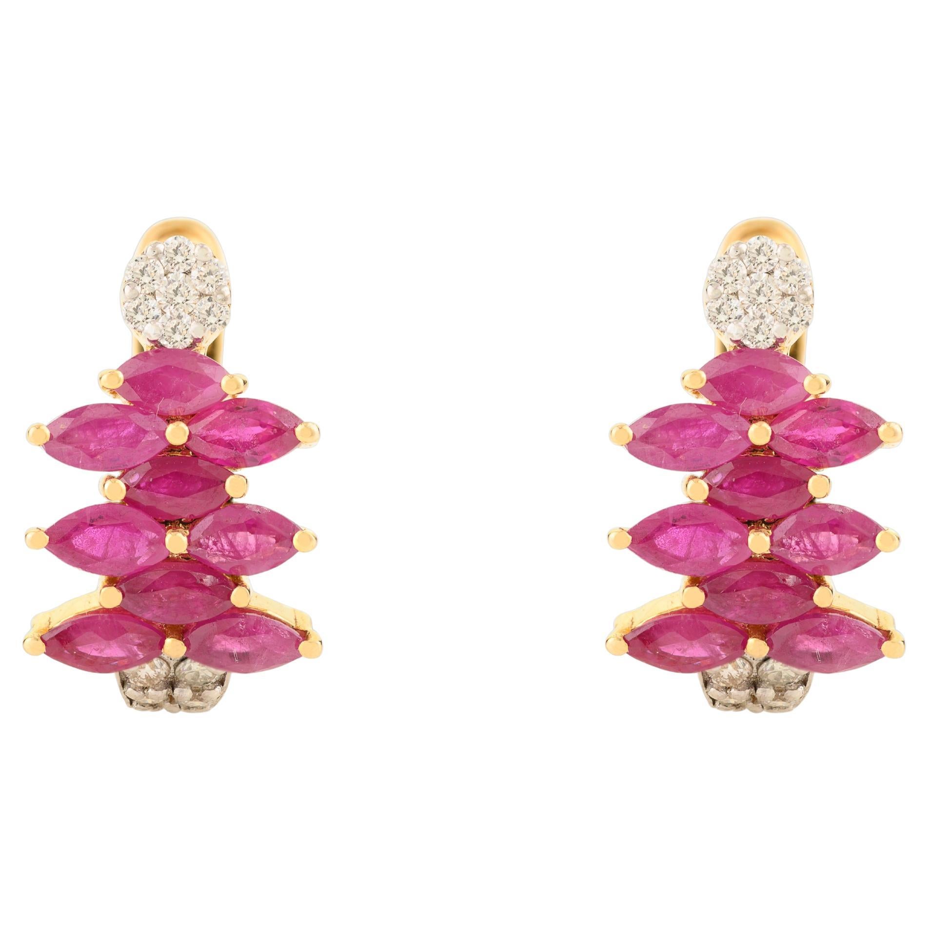 Pendientes con clip para mujer de oro amarillo macizo de 14 quilates con rubíes y diamantes en venta