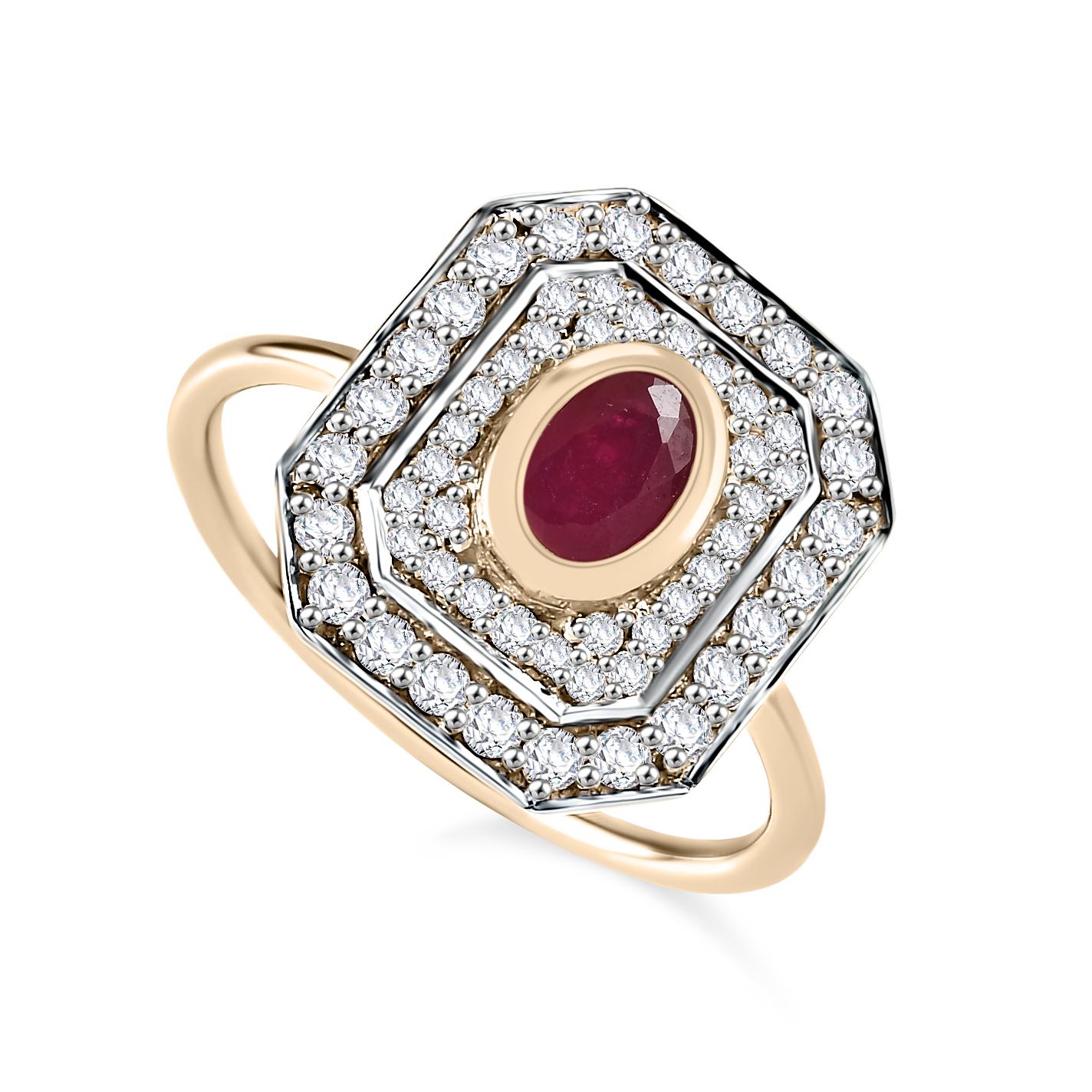 En vente :  Bague cocktail fantaisie en or jaune massif 14 carats avec halo de rubis et diamants 3