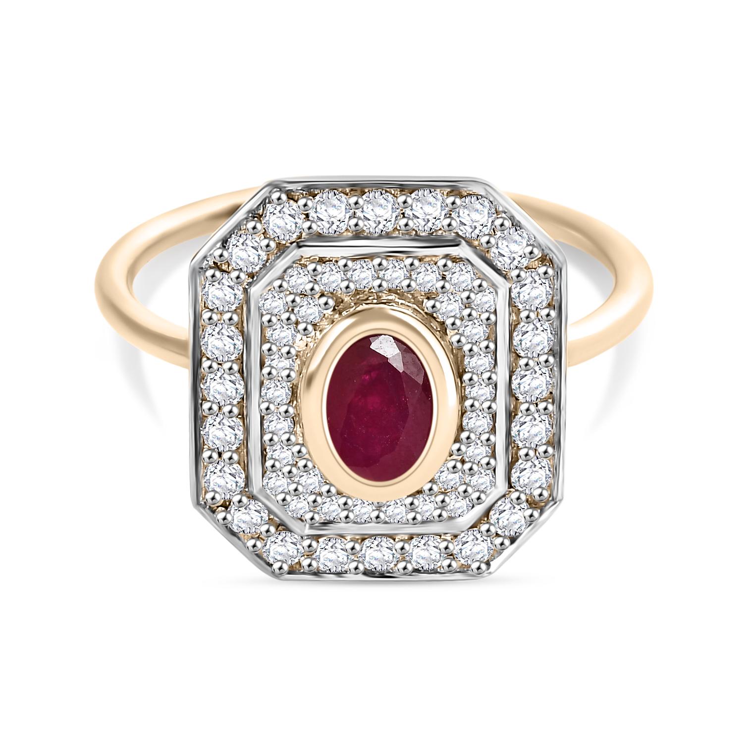 En vente :  Bague cocktail fantaisie en or jaune massif 14 carats avec halo de rubis et diamants 8
