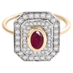 Bague cocktail fantaisie en or jaune massif 14 carats avec halo de rubis et diamants