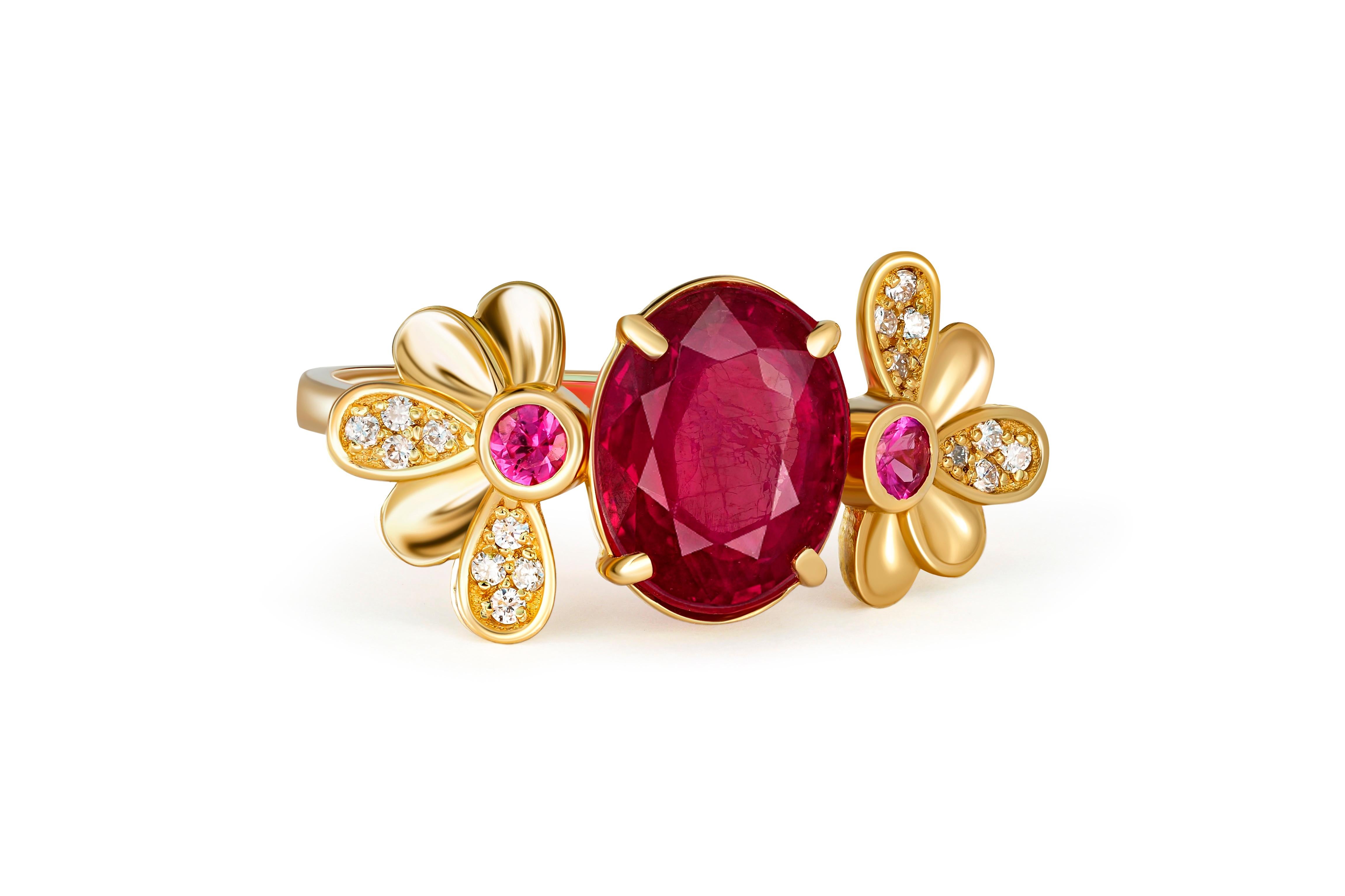 Statement ruby ring. 
Ruby, diamonds 14k gold ring. Cocktail ruby ring. Oval ruby ring. Genuine ruby ring. July birthstone ring. Floral ring.

Metal: 14k gold
Weight: 2.95 g. depends from size.

Central stone: Ruby
Color - red
Oval cut, 2.00 ct. in