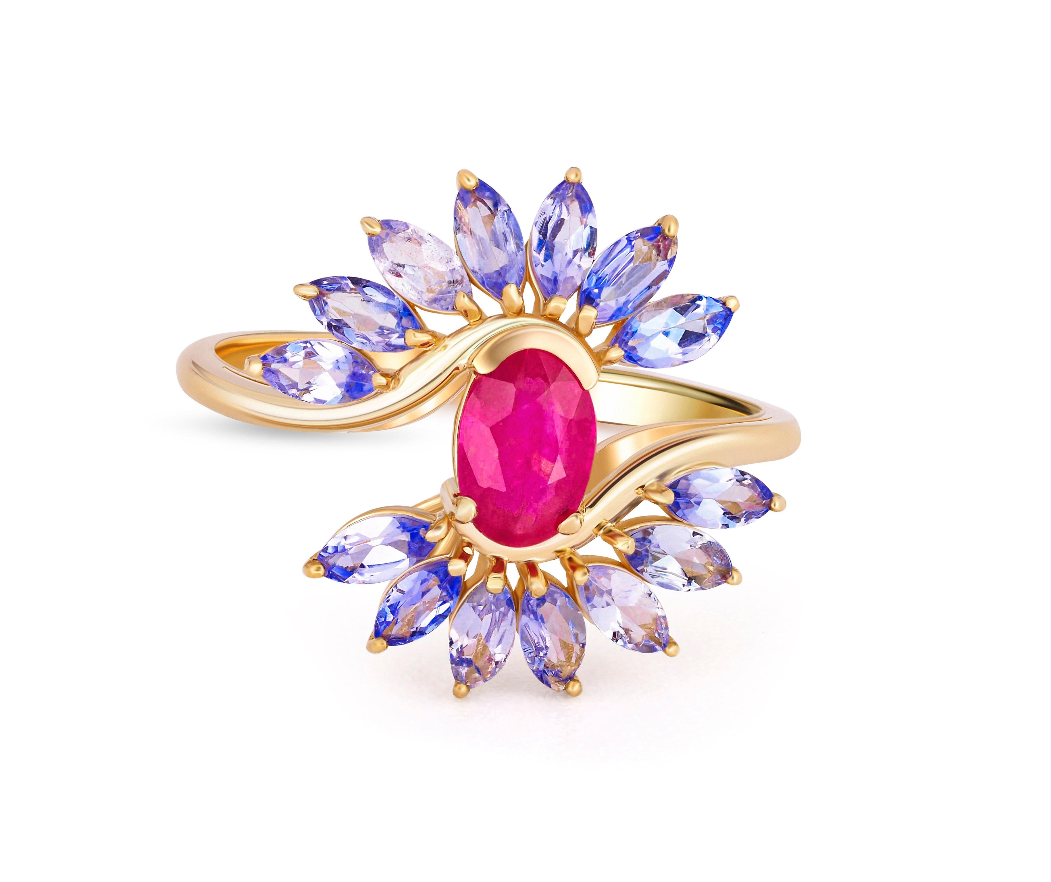 Statement ruby ring. 
Oval ruby, marquise tanzanite 14k gold ring. Cocktail ruby ring. Unique design ruby ring. Aniversary gift for her.

Size rings face: 18.5 x 14 mm.
Total weight: 2.3 g. depends from size.
Metal: 14k gold

Central stone: