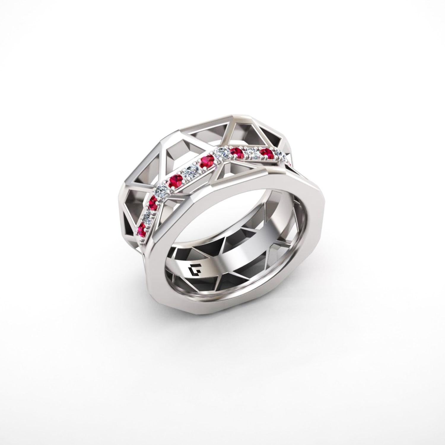 White 18K Gold Ring 
*Same Model with another stones and gold available 

Diamond  0,14 ct
Ruby 0,12 ct
Weight 12 grams

This collection was created inspired by the wonderful and controversial
Castel Del Monte (Castle of the Mountain) erected by the