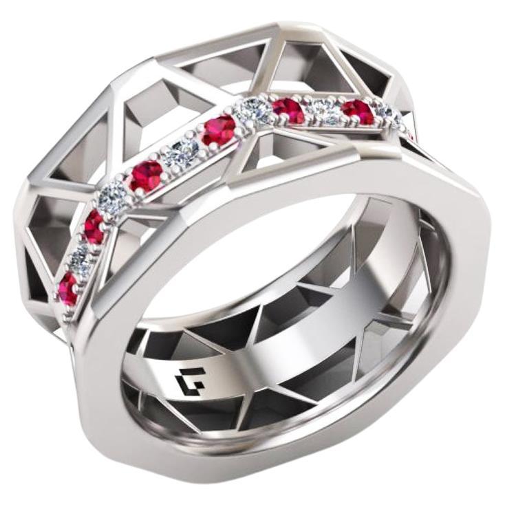 Statement Ruby White Diamond Band Elegant White 18K Gold Ring for Her for Him For Sale