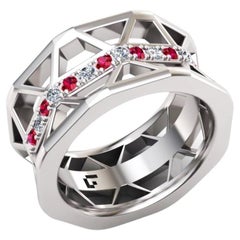 Statement Ruby White Diamond Band Elegant White 18K Gold Ring for Her for Him