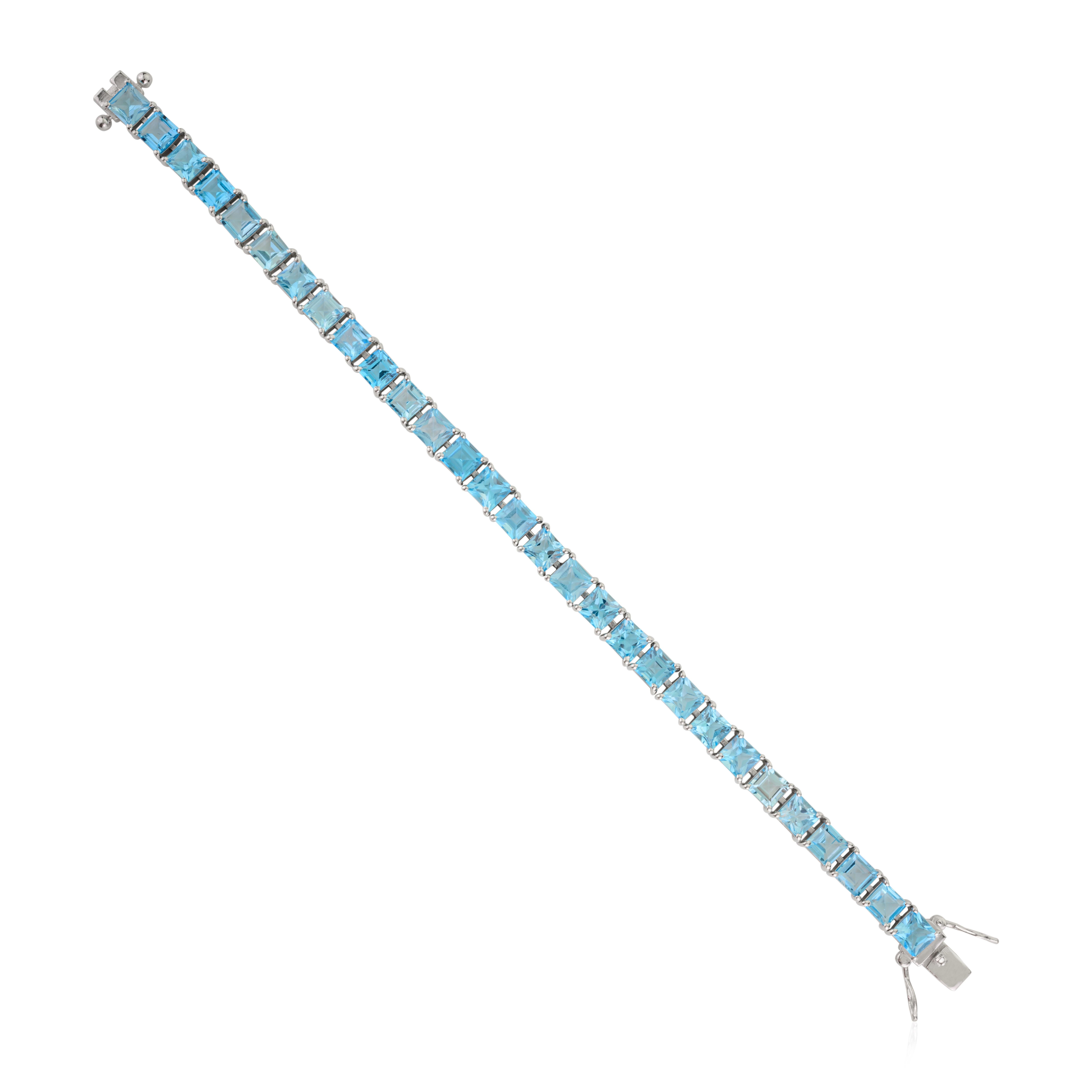 Art nouveau Bracelet de tennis en argent 925 avec topaze bleue taillée en carré pour un cadeau de mariage en vente