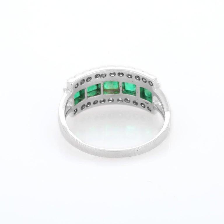 For Sale:  Statement Square Emerald Diamond Band Ring in 18k Solid White Gold 10