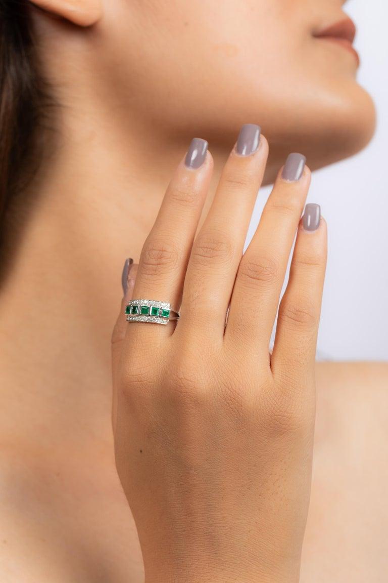 For Sale:  Statement Square Emerald Diamond Band Ring in 18k Solid White Gold 11