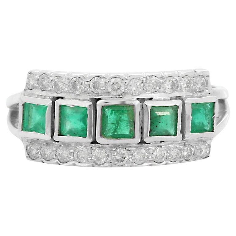 For Sale:  Statement Square Emerald Diamond Band Ring in 18k Solid White Gold 12