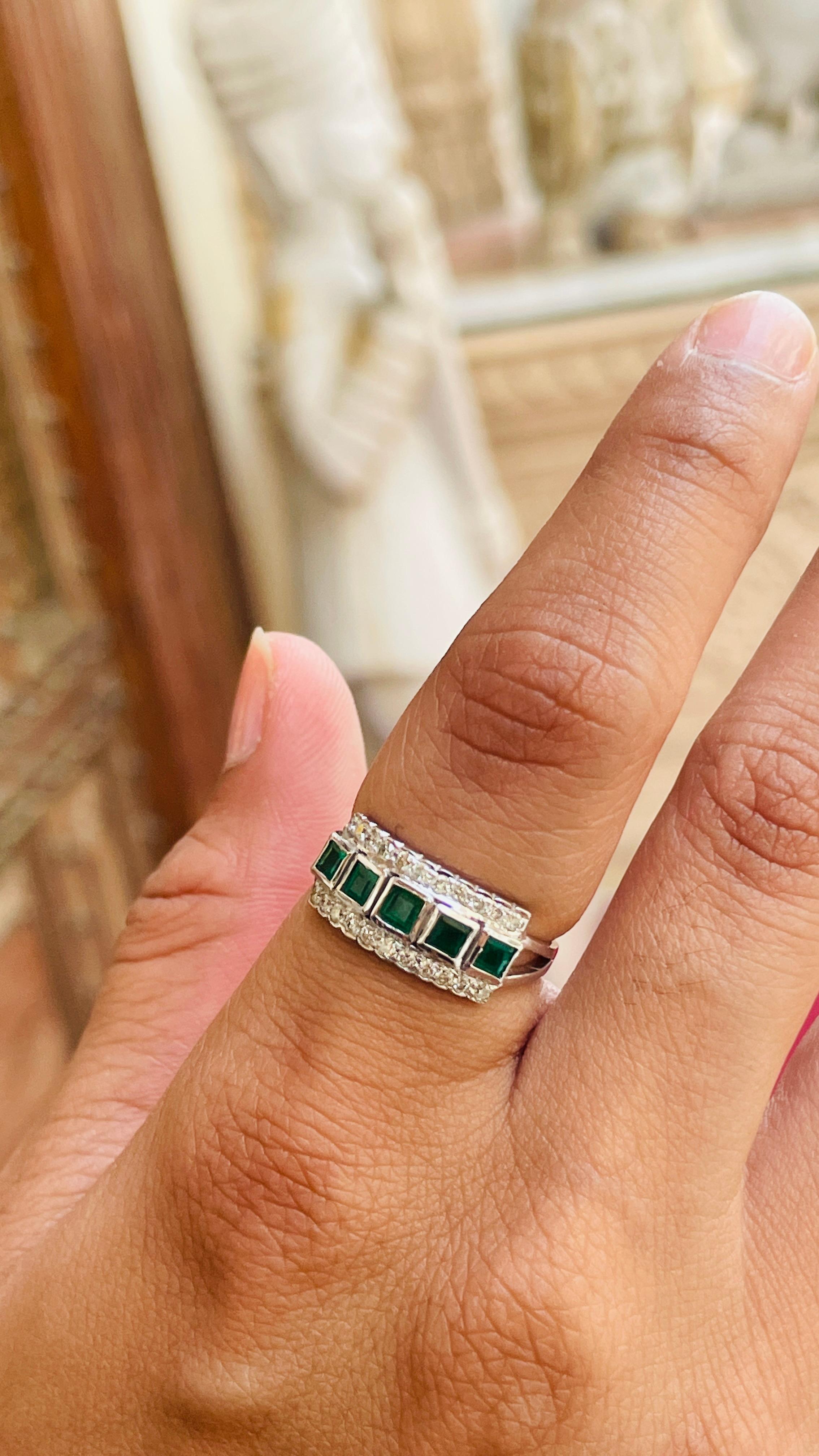 For Sale:  Statement Square Emerald Diamond Band Ring in 18k Solid White Gold 13