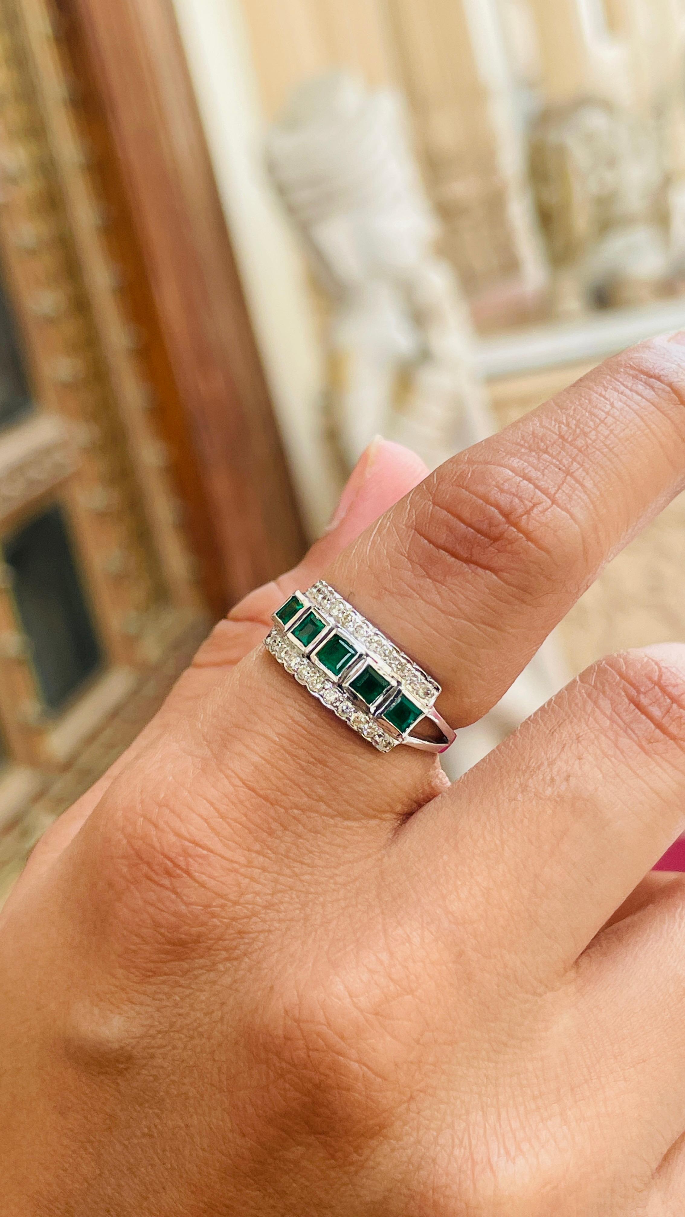 For Sale:  Statement Square Emerald Diamond Band Ring in 18k Solid White Gold 14
