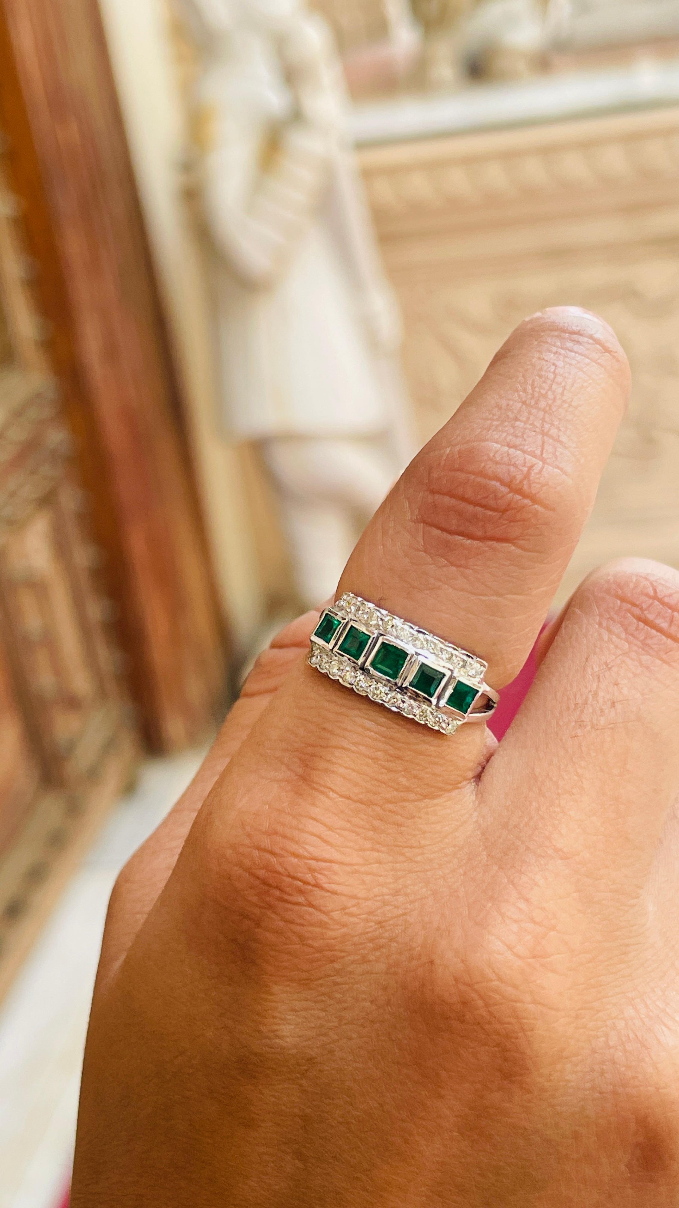For Sale:  Statement Square Emerald Diamond Band Ring in 18k Solid White Gold 2
