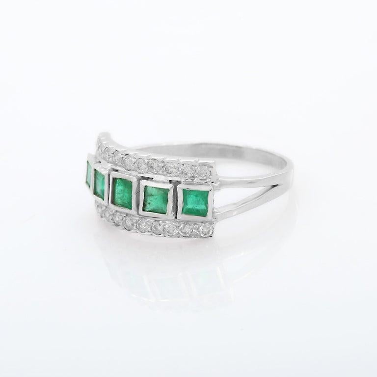 For Sale:  Statement Square Emerald Diamond Band Ring in 18k Solid White Gold 4