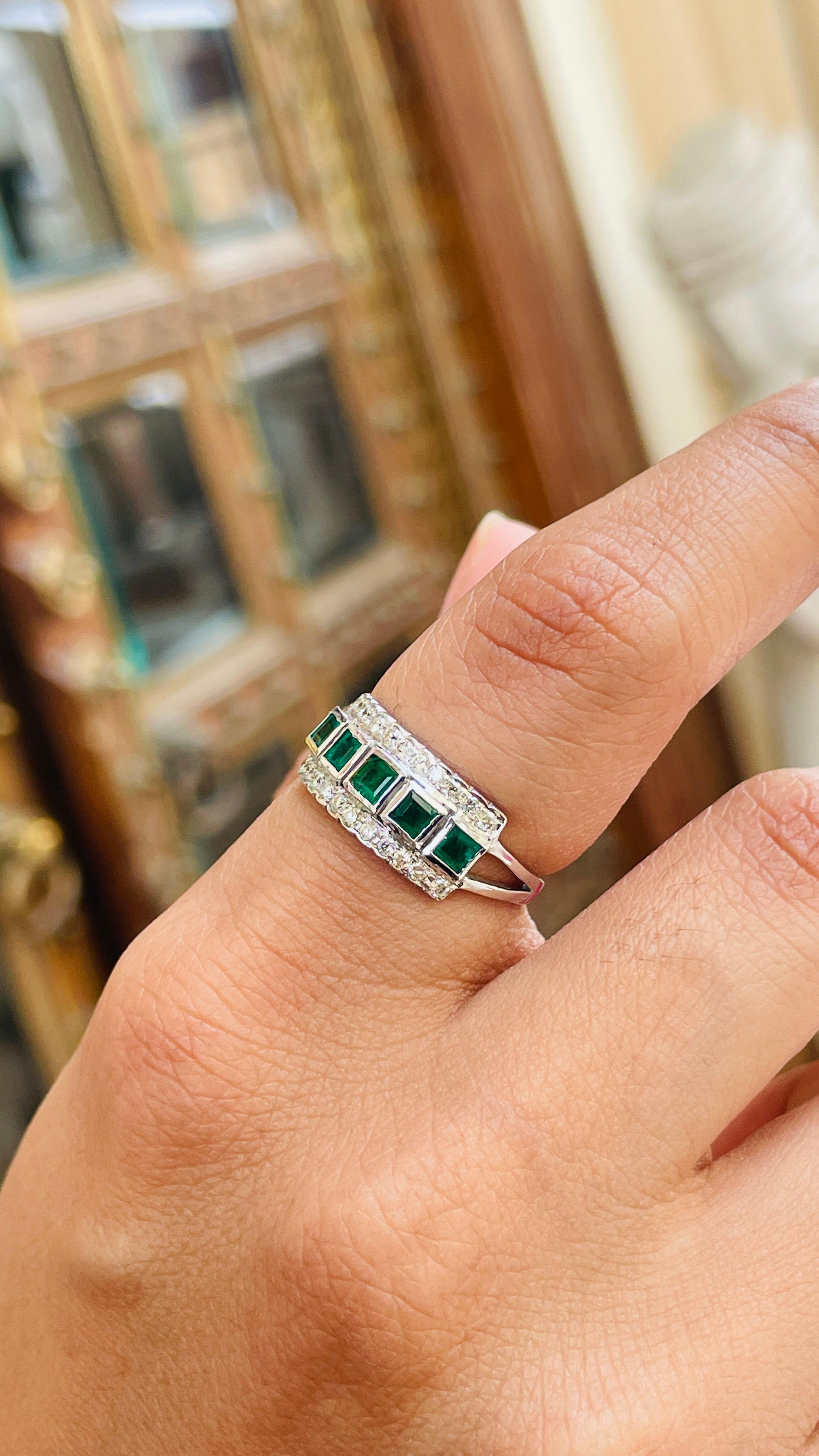For Sale:  Statement Square Emerald Diamond Band Ring in 18k Solid White Gold 5