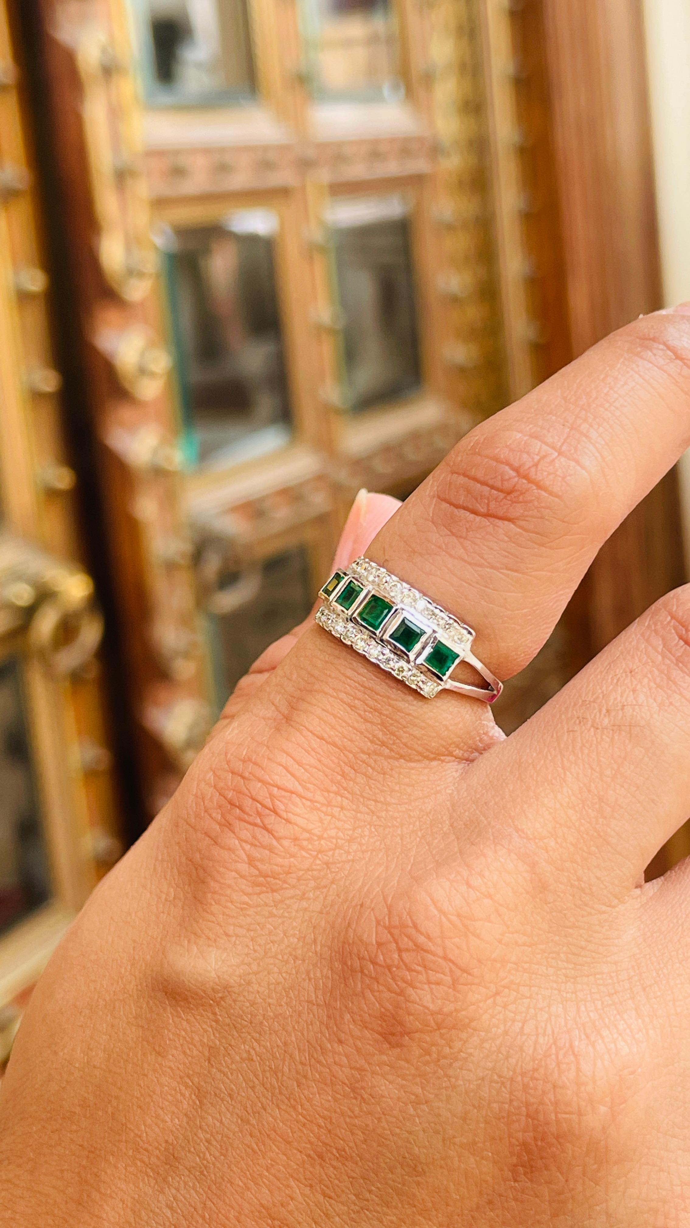 For Sale:  Statement Square Emerald Diamond Band Ring in 18k Solid White Gold 6