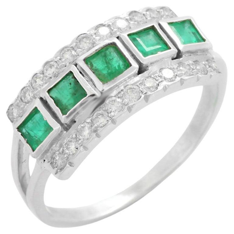 For Sale:  Statement Square Emerald Diamond Band Ring in 18k Solid White Gold 7