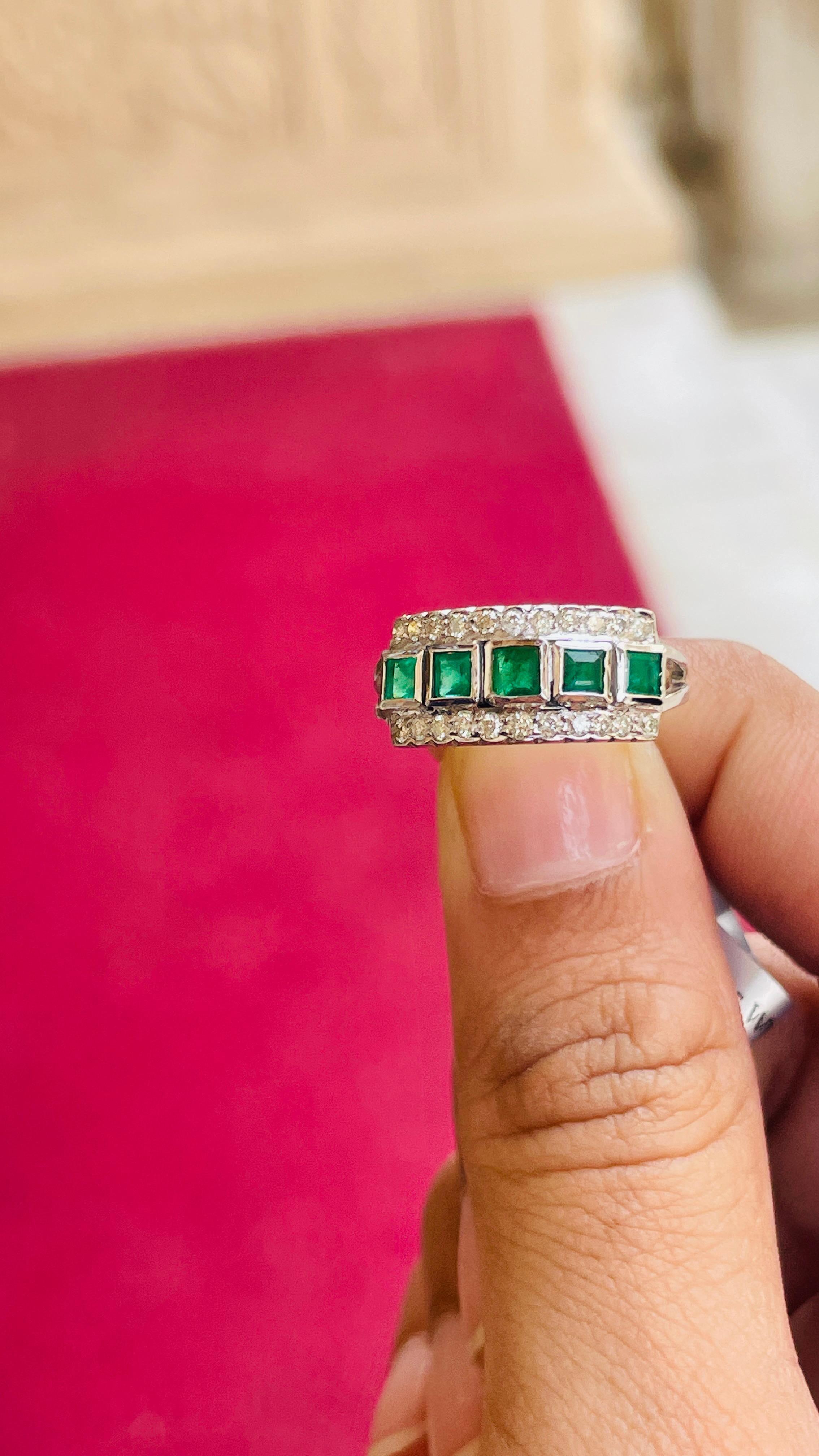 For Sale:  Statement Square Emerald Diamond Band Ring in 18k Solid White Gold 9