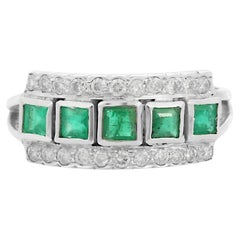 Bague carrée en or blanc massif 18k avec émeraude et diamant