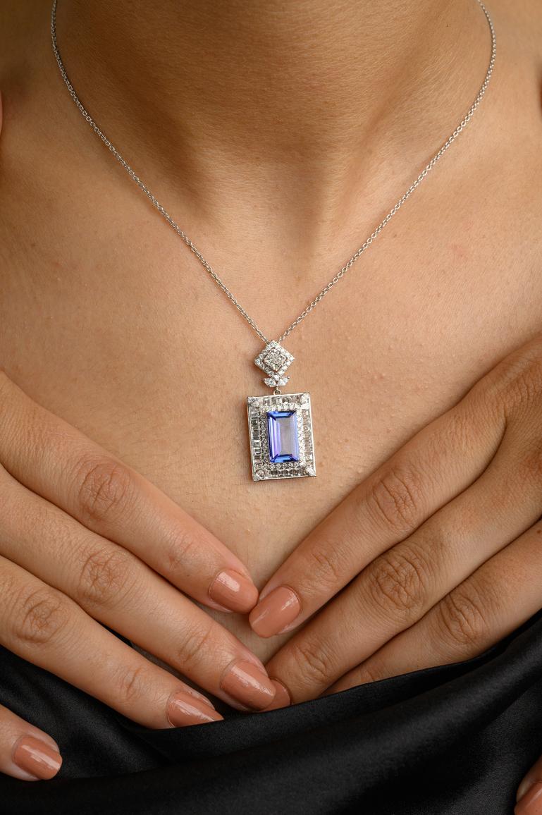 Art Deco  Statement Tanzanite Diamond Chain Necklace 18k White Gold, Bridesmaid Gift For Sale