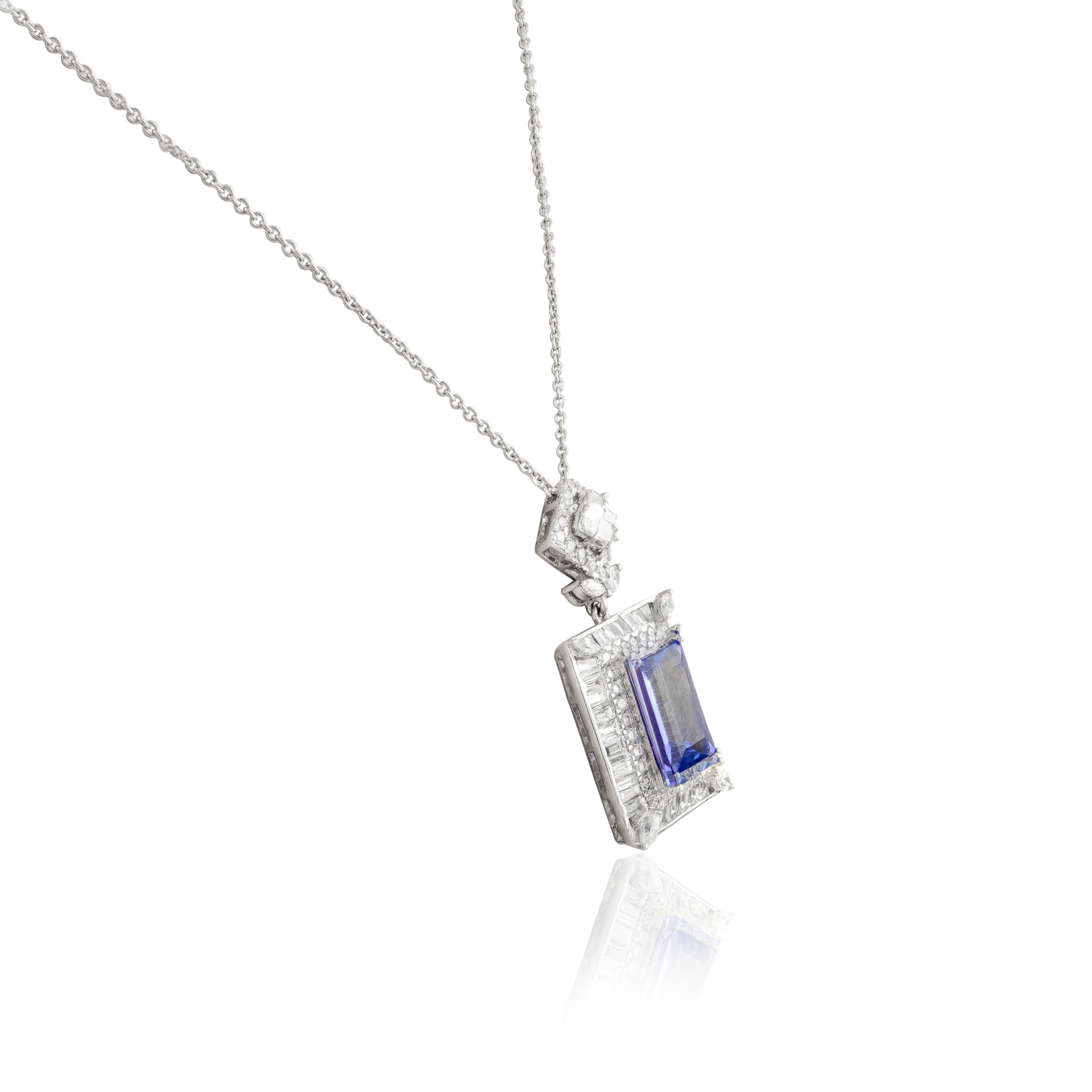 Baguette Cut  Statement Tanzanite Diamond Chain Necklace 18k White Gold, Bridesmaid Gift For Sale