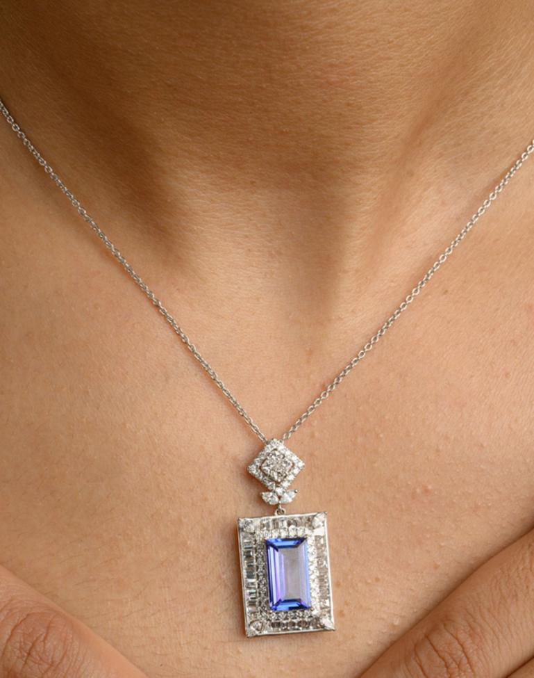Women's  Statement Tanzanite Diamond Chain Necklace 18k White Gold, Bridesmaid Gift For Sale