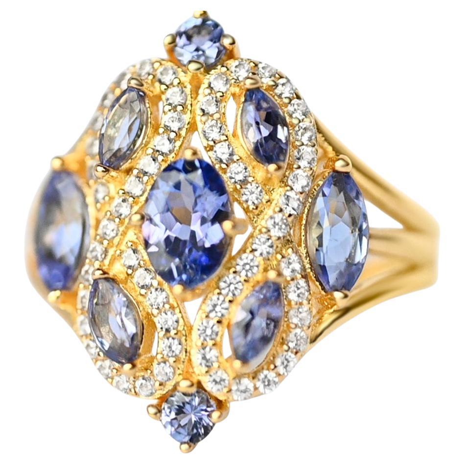 Statement Tanzanite Marquise and Round Diamond Ring in 18K Gold Plated Jewelry For Sale