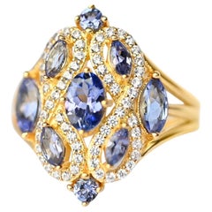 Statement Tanzanite Marquise and Round Diamond Ring in 18K Gold Plated Jewelry