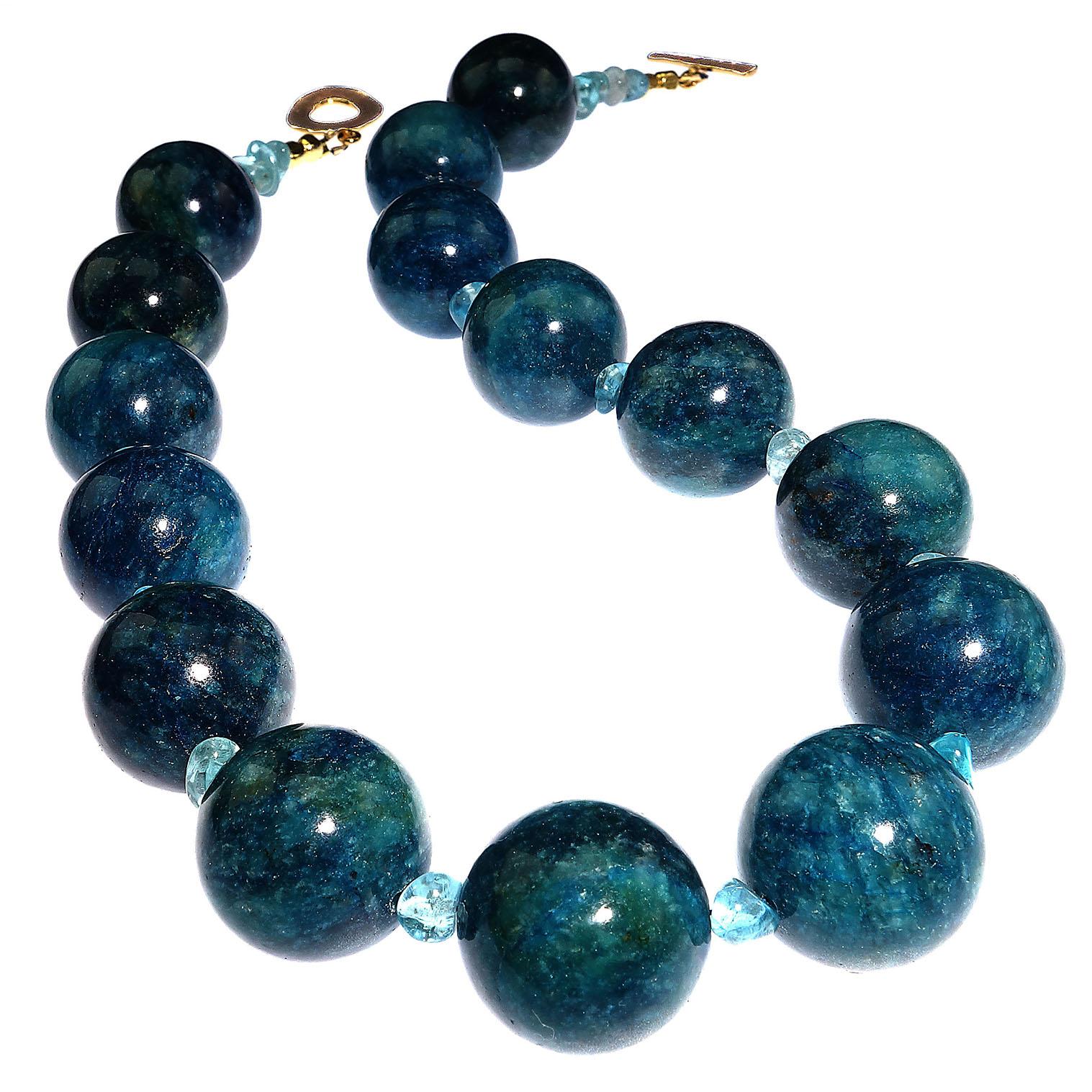 Handmade statement necklace of  highly polished, 20MM Teal color Apatite spheres.  This Apatite is accented with smaller, transparent  highly polished glowing Apatite.  The contrast between the two shades  of Apatite enhances each. Apatite is often