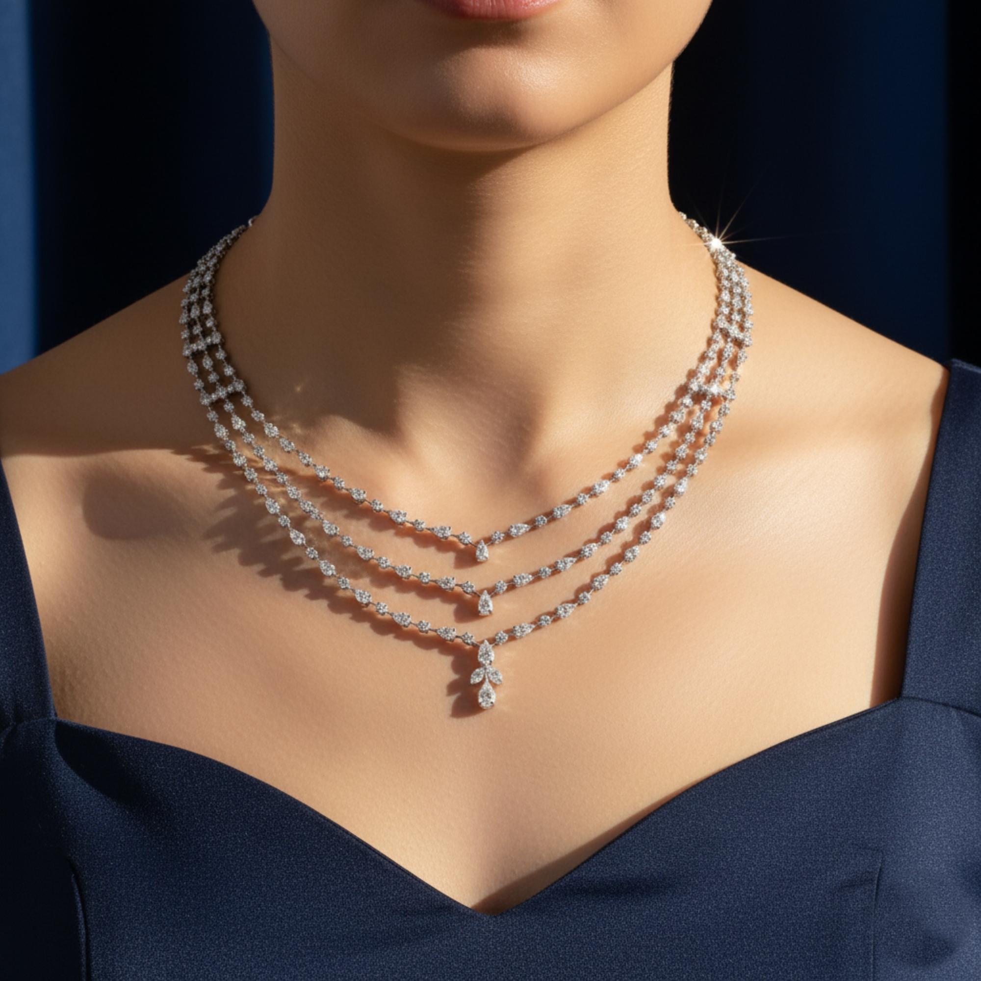 Statement Three-Tier Pear & Round Diamond Necklace For Bride 14K Solid Gold. 
This necklace features three delicate layers of sparkling diamonds, gracefully cascading to form a mesmerizing silhouette around the neckline. Each layer is meticulously