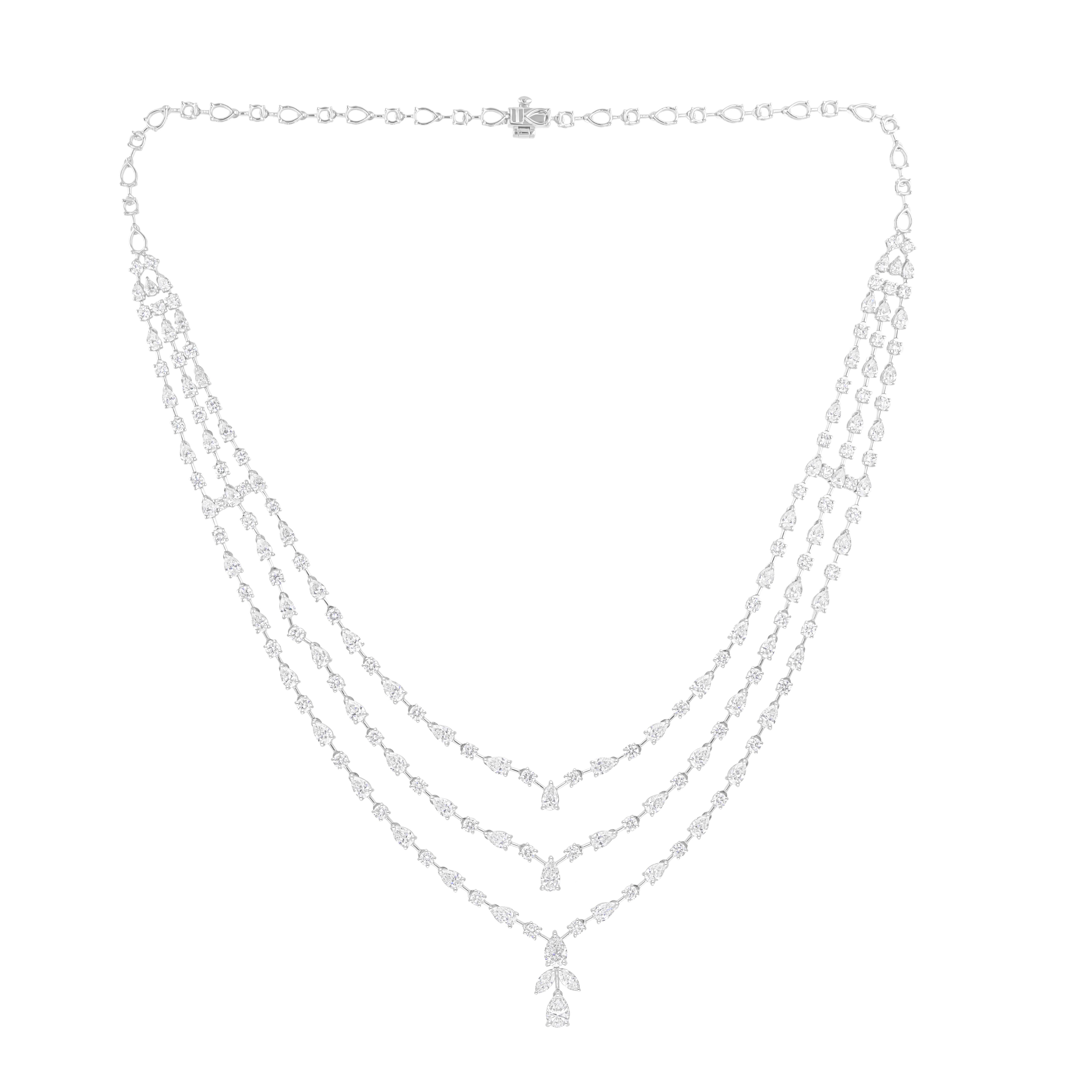 Statement Three-Tier Pear & Round Diamond Necklace For Bride 18K Solid Gold. For Sale 1
