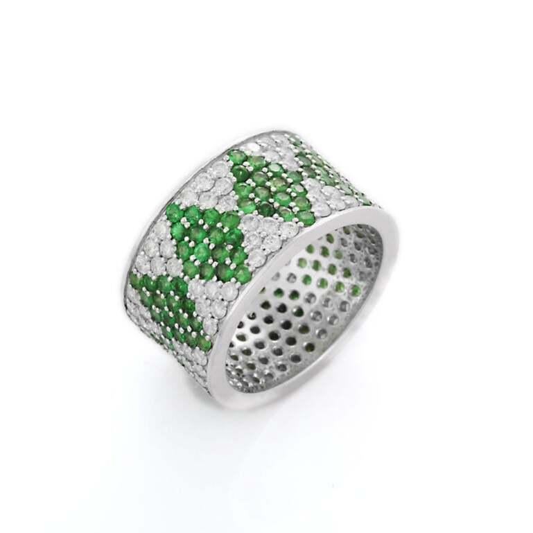 For Sale:  Statement Tsavorite Diamond Wedding Band Ring in 18k Solid White Gold 3