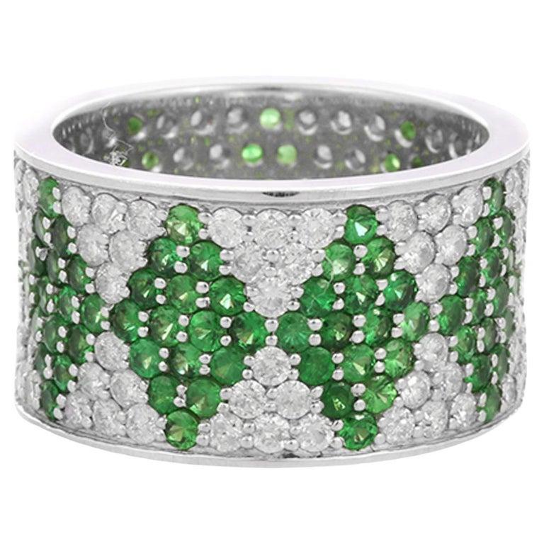 For Sale:  Statement Tsavorite Diamond Wedding Band Ring in 18k Solid White Gold 5