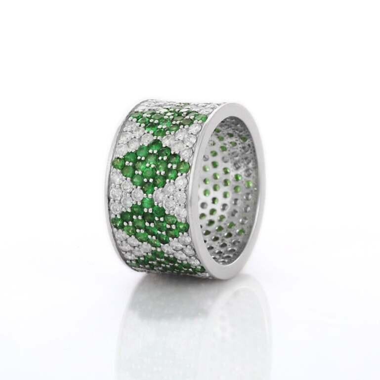 For Sale:  Statement Tsavorite Diamond Wedding Band Ring in 18k Solid White Gold 7
