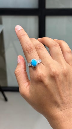 Statement Turquoise & Diamond Halo Cocktail Ring in 14K White Gold, 1.47 Carat