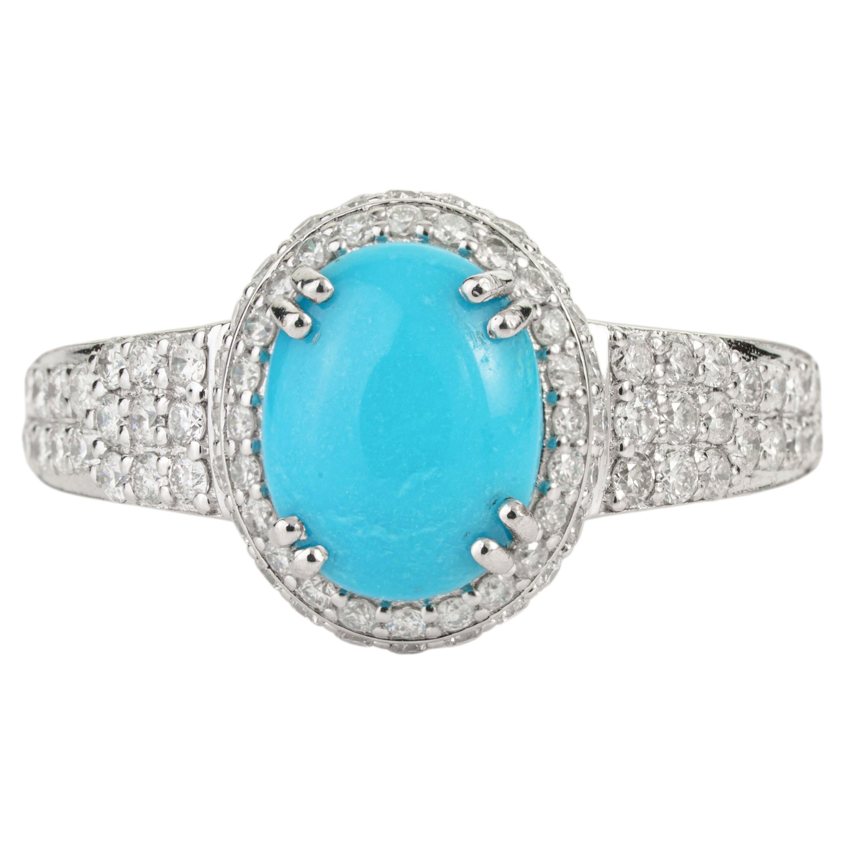 For Sale:  Statement Turquoise & Diamond Halo Cocktail Ring in 14K White Gold, 1.47 Carat