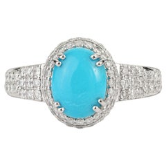 Anello da cocktail "Statement" con turchese e diamanti a corona in oro bianco 14K, 1,47 carati