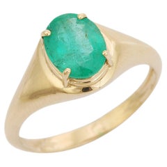 Statement Unisex Oval Emerald Signet Ring Crafted in 14kt Yellow Gold Jewelry