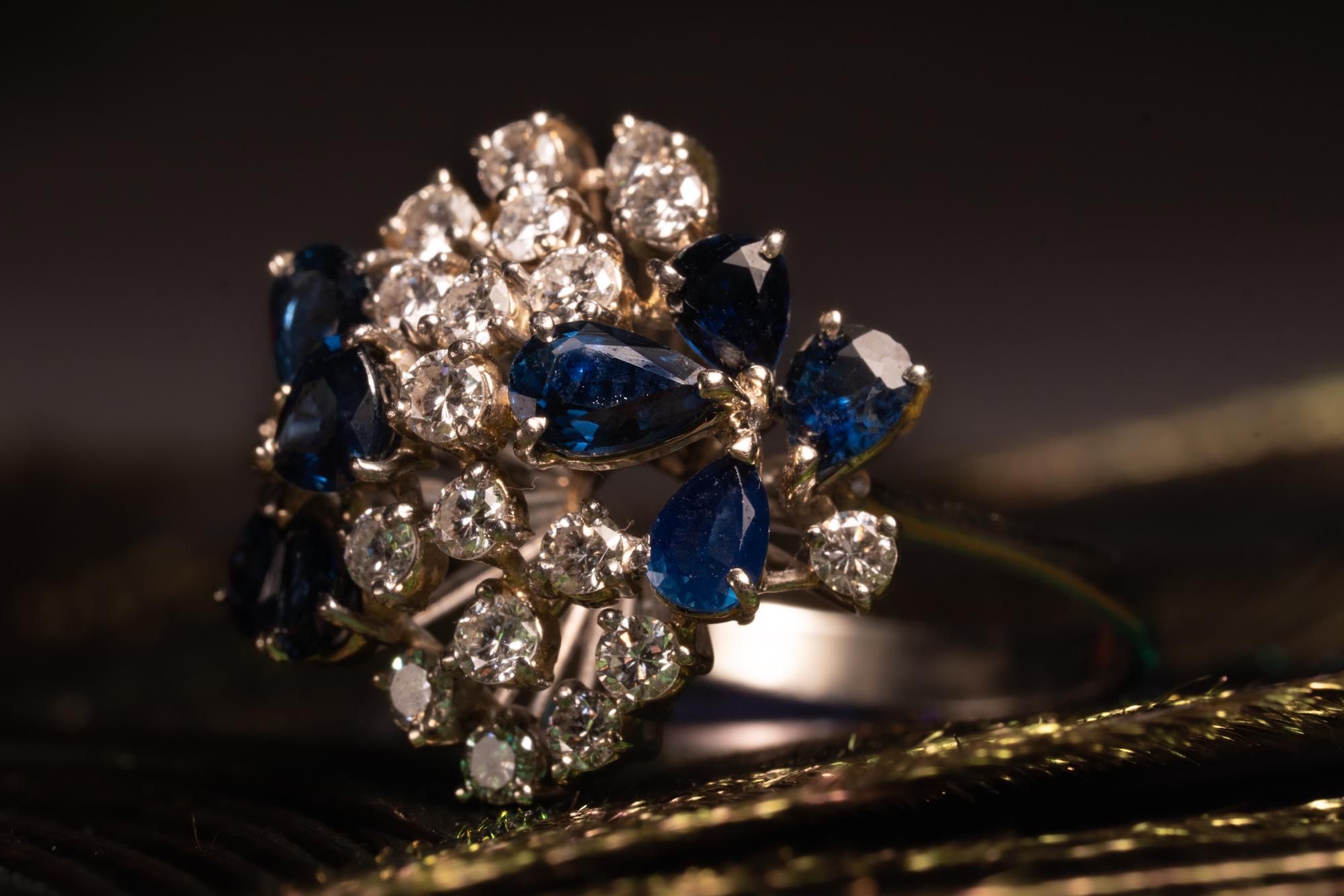 Artisan Statement Vintage Bombe Diamond and Sapphire Ring, Vintage Diamond Butterfly Rin
