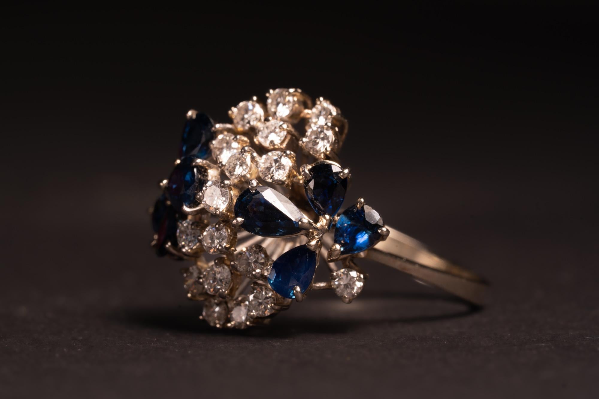 Brilliant Cut Statement Vintage Bombe Diamond and Sapphire Ring, Vintage Diamond Butterfly Rin