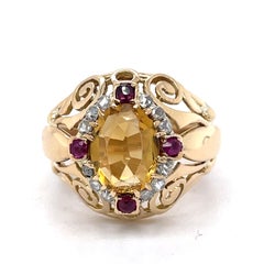 Statement Vintage Citrine Ring 2CT Oval Citrine ring, ruby, diamonds, 18k Gold