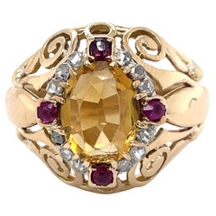 Statement Vintage Citrine Ring 2CT Oval Citrine ring, ruby, diamonds, 18k Gold