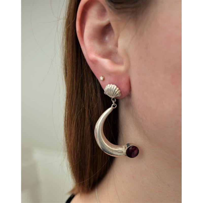 Artisan Statement Vintage Garnet Shell Earrings, Vintage Boho Long Silver Earrings