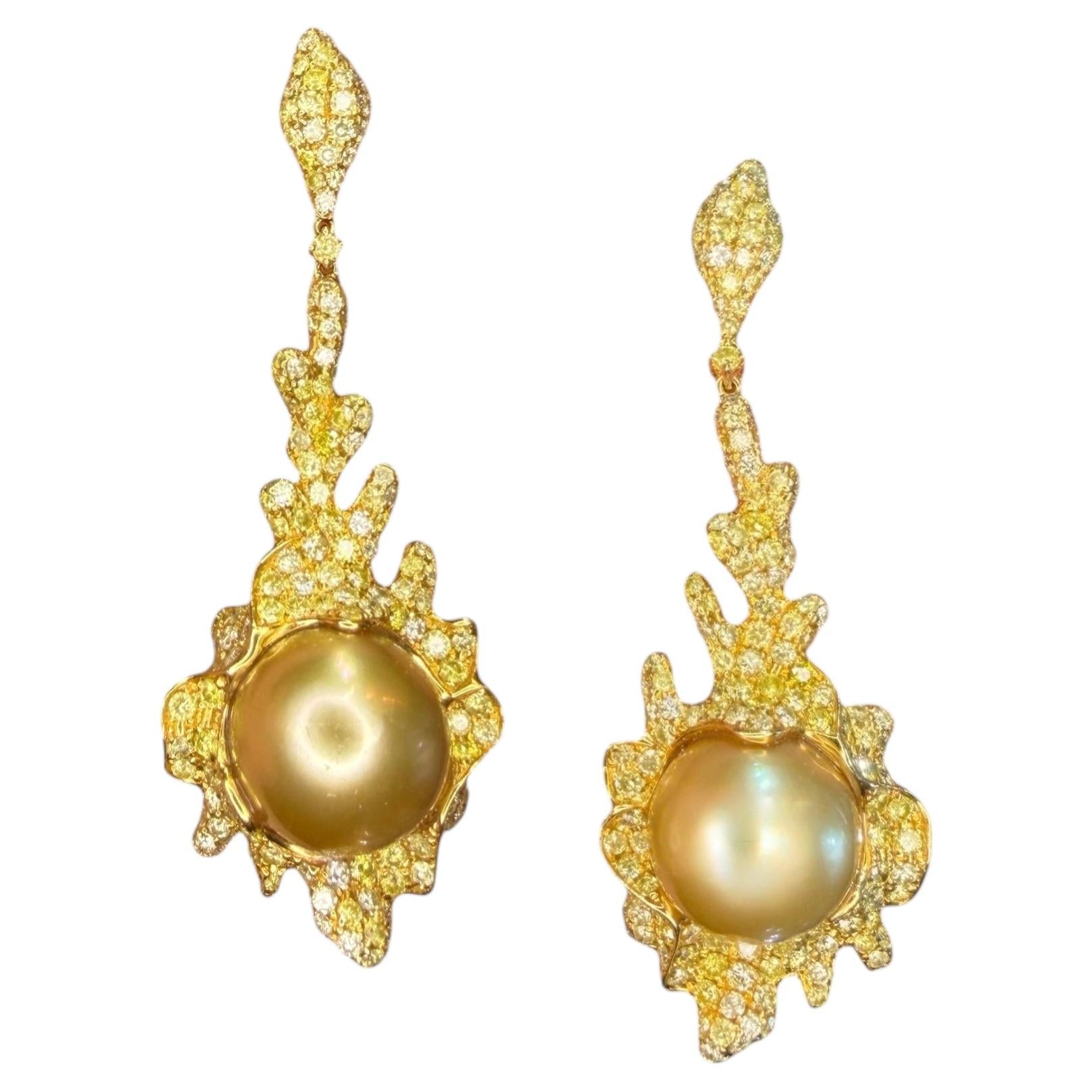 Yellow Diamond Chandelier 6.50 Carat Gold South Sea Pearl Long Earring