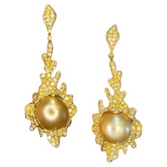 Yellow Diamond Chandelier 6.50 Carat Gold South Sea Pearl Long Earring