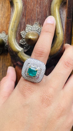 Statement Zambian Emerald Diamond Halo Cocktail Ring in 18k Solid White Gold