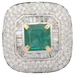 Statement Zambian Emerald Diamond Halo Cocktail Ring in 18k Solid White Gold