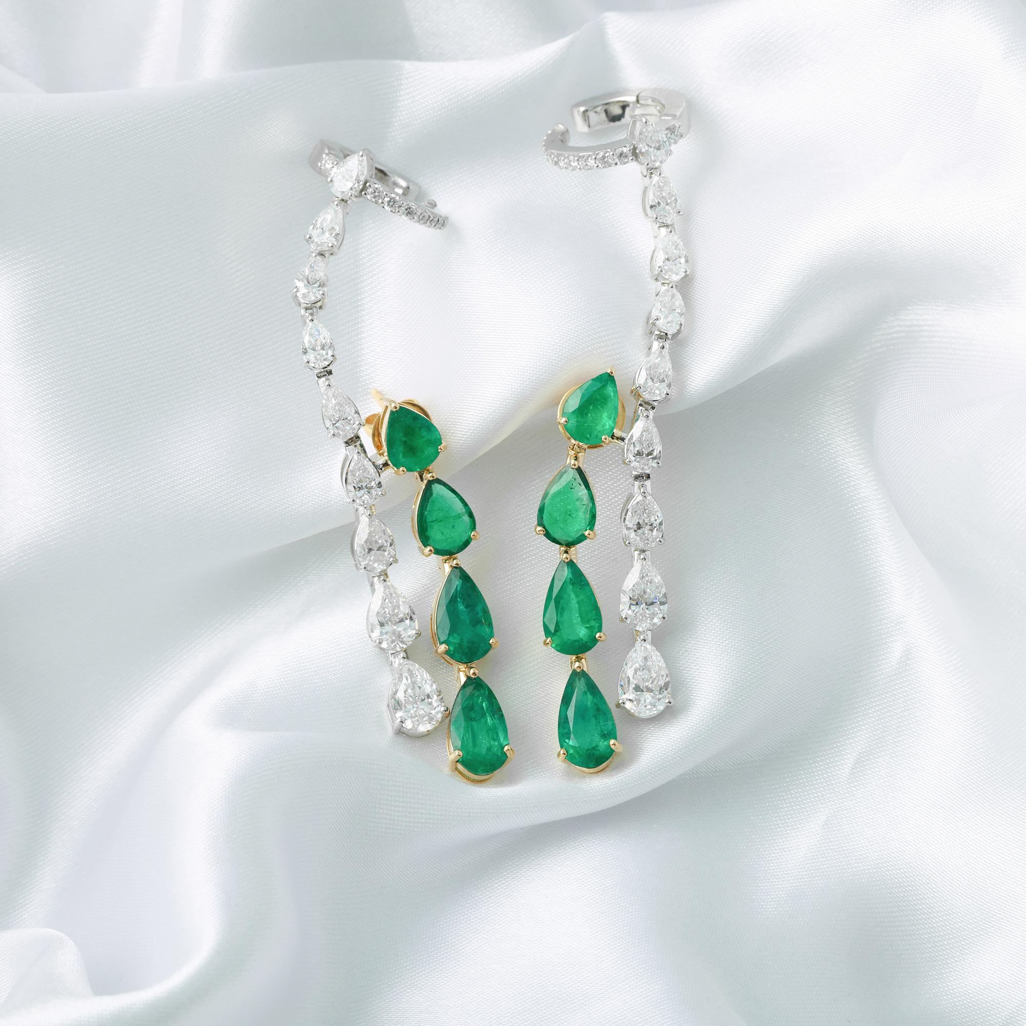 Pendientes Esmeralda Zambiana SI/HI Diamante Dos Tonos Oro 18k Trepador Envolvente Corte pera en venta